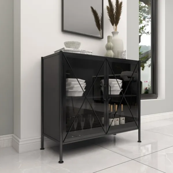Cabinets & Sideboards-Kirkland's Home Iron X-Panel Cabinet Black