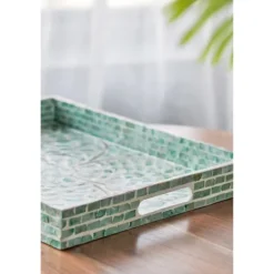 Decorative Trays-Kirkland's Home Ivory And Clover Mosaic Capiz Shell Tray, 17 In. Green/Ivory