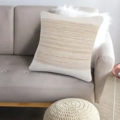 Pillows-Kirkland's Home Ivory Border Natural Close Woven Jute Pillow Ivory/Tan