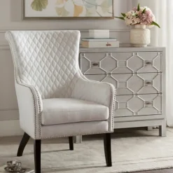 Accent Chairs-Kirkland's Home Ivory Lanea Quilted Accent Chair With Silver Studs White
