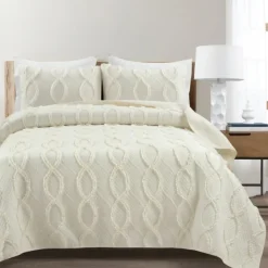 Quilts-Kirkland's Home Ivory Trellis Ruffles 3-Pc. King Quilt Set White