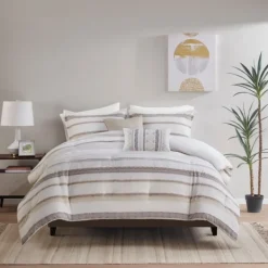 Comforters-Kirkland's Home Jacquard Stripe 5-Pc. Cali King Comforter Set White/Gray/Tan