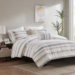 Comforters-Kirkland's Home Jacquard Stripe 5-Pc. Full/Queen Comforter Set White/Gray/Tan