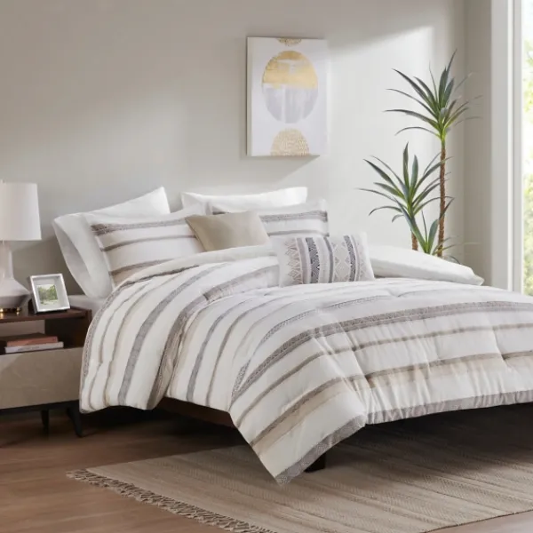 Comforters-Kirkland's Home Jacquard Stripe 5-Pc. Full/Queen Comforter Set White/Gray/Tan