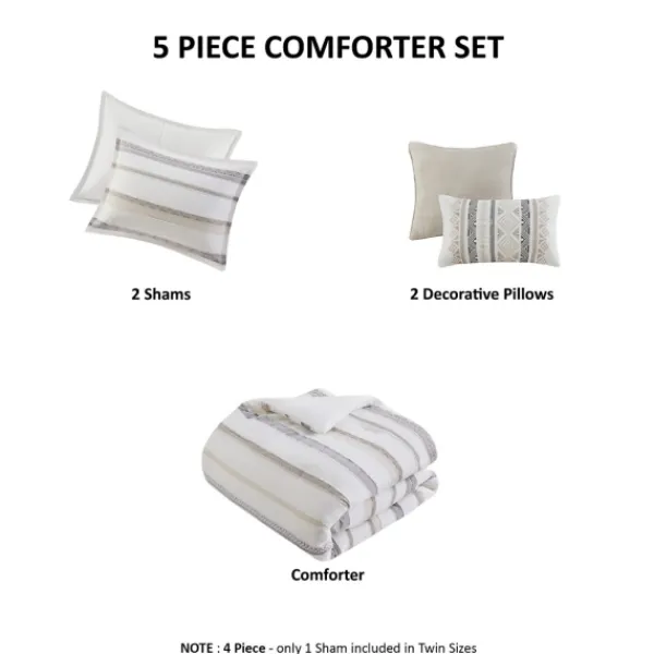 Comforters-Kirkland's Home Jacquard Stripe 5-Pc. Full/Queen Comforter Set White/Gray/Tan