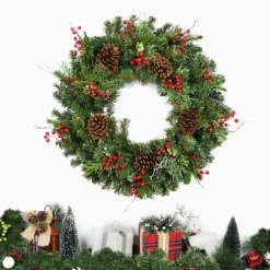 Wreaths-Kirkland's Home Jolly Pine Sprigs And Red Berries Wreath Green/Brown/Gold