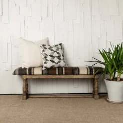 Benches & Ottomans-Kirkland's Home Jute Striped Natural Wood Bench Brown/White/Gray