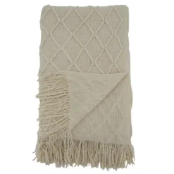 Blankets & Throws-Kirkland's Home Knitted Beige With Fringe Throw Blanket Tan