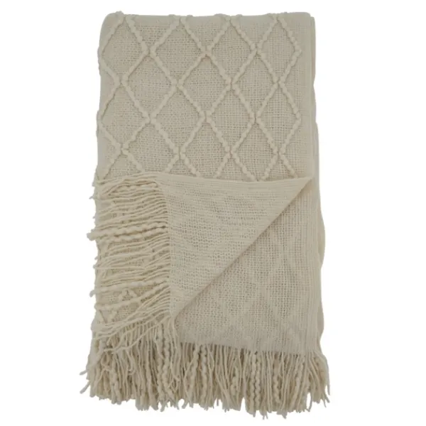 Blankets & Throws-Kirkland's Home Knitted Beige With Fringe Throw Blanket Tan