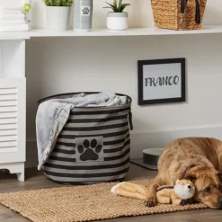 Baskets & Boxes-Kirkland's Home Large Black Paw Patch Stripe Round Pet Basket Black/Gray