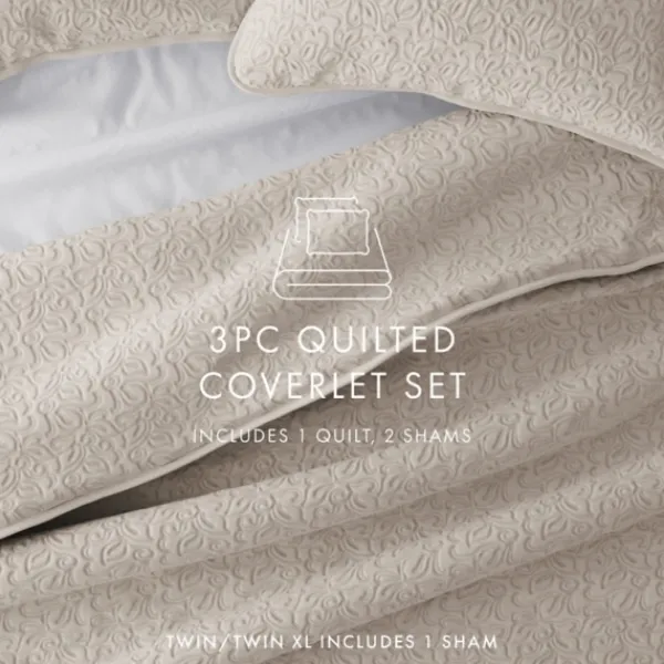 Quilts-Kirkland's Home Latte Floral Stitch 3-Pc. King Quilt Set Tan