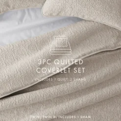 Quilts-Kirkland's Home Latte Floral Stitch 3-Pc. Queen Quilt Set Tan