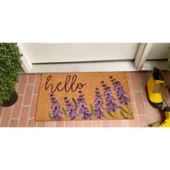 Doormats-Kirkland's Home Lavender Hello Doormat Tan/Black/Purple
