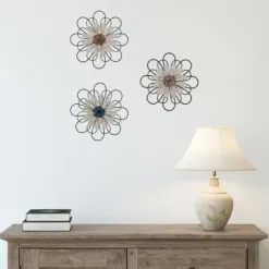 Wall Plaques-Kirkland's Home Layered Metal & Wood Flower Wall Plaques, Set Of 3 Black/Tan}Multi