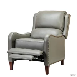 Accent Chairs-Kirkland's Home Leather Nailhead Traditional Recliner Gray