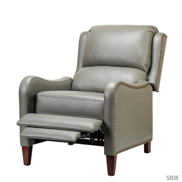 Accent Chairs-Kirkland's Home Leather Nailhead Traditional Recliner Gray