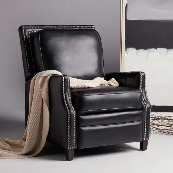 Accent Chairs-Kirkland's Home Leather Nailhead Trim Recliner Black