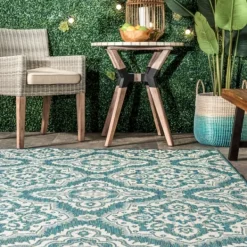 Outdoor Rugs-Kirkland's Home Leslie Green Floral Trellis Outdoor Rug, 5X8 Green/White