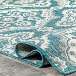 Outdoor Rugs-Kirkland's Home Leslie Green Floral Trellis Outdoor Rug, 5X8 Green/White