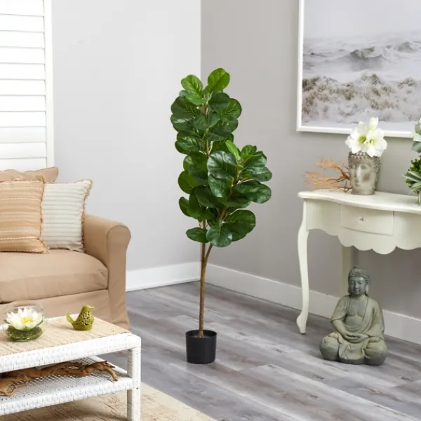 Trees & Topiaries-Kirkland's Home Lifelike Fiddle Leaf Fig In Black Planter, 4.5 Ft.