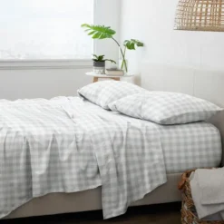 Bed Sheets-Kirkland's Home Light Country Plaid 4-Pc. Queen Bed Sheet Set Gray