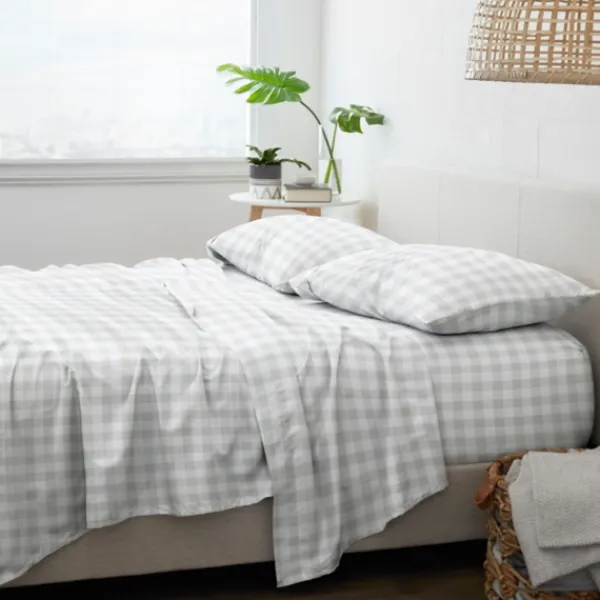 Bed Sheets-Kirkland's Home Light Country Plaid 4-Pc. Queen Bed Sheet Set Gray
