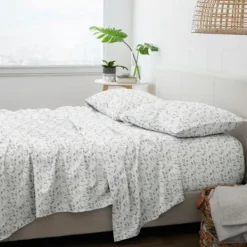 Bed Sheets-Kirkland's Home Light Gray Botanical Flannel 4-Pc. King Sheet Set Gray/White