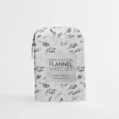 Bed Sheets-Kirkland's Home Light Gray Botanical Flannel 4-Pc. King Sheet Set Gray/White