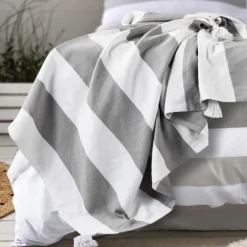 Blankets & Throws-Kirkland's Home Light Gray Cabana Stripe Tassel Throw Gray/White