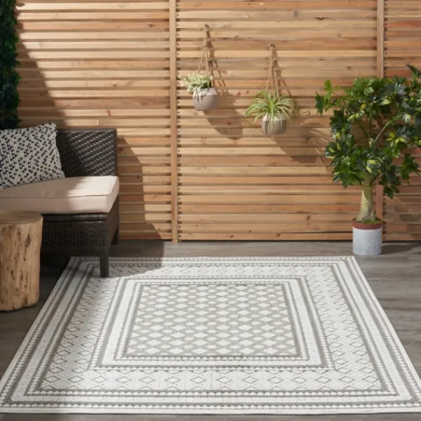 Outdoor Rugs-Kirkland's Home Light Gray Tile Motif Outdoor Area Rug, 5X7 Gray/White
