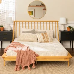 Beds & Headboards-Kirkland's Home Light Oak Modern Spindle Wooden Queen Bed Tan