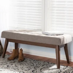 Benches & Ottomans-Kirkland's Home Light Tufted Walnut Wood Bench Gray