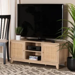 Tv Stands & Media Consoles-Kirkland's Home Light Wood And Cane Accent Tv Stand Brown
