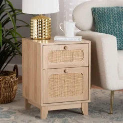 Nightstands-Kirkland's Home Light Wood And Cane Accent Nightstand Brown