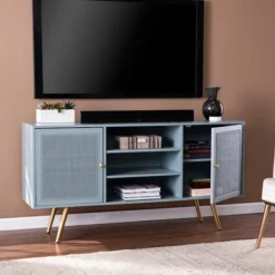 Tv Stands & Media Consoles-Kirkland's Home Light Wood And Cane Media Cabinet Blue