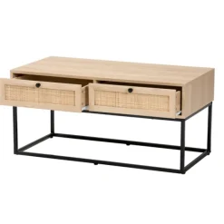 Coffee Tables-Kirkland's Home Light Wood And Rat 2-Drawer Coffee Table Tan