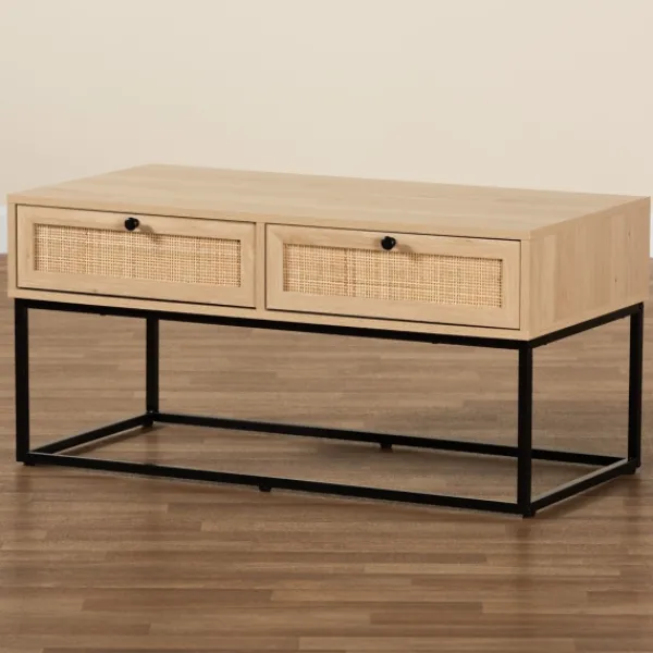 Coffee Tables-Kirkland's Home Light Wood And Rat 2-Drawer Coffee Table Tan
