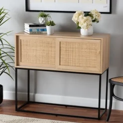 Cabinets & Sideboards-Kirkland's Home Light Wood And Rat Sliding Door Cabinet Tan