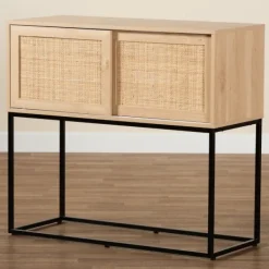 Cabinets & Sideboards-Kirkland's Home Light Wood And Rat Sliding Door Cabinet Tan