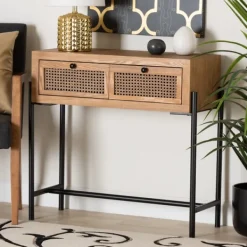 Console Tables-Kirkland's Home Light Wood And Rattan 2-Drawer Console Table Brown