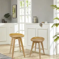 Bar Stools & Counter Height Stools-Kirkland's Home Light Wood Backless Swivel Counter Stool Tan