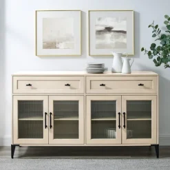 Cabinets & Sideboards-Kirkland's Home Light Wood Fluted Glass Doors Sideboard Tan