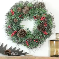 Wreaths-Kirkland's Home Lightly Frosted Cedar And Red Berry Wreath Green/Red/Brown
