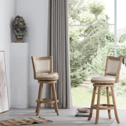 Bar Stools & Counter Height Stools-Kirkland's Home Linen And Driftwood Nailhead Swivel Bar Stool Brown