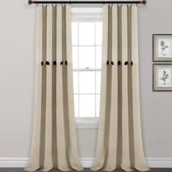 Curtains & Drapes-Kirkland's Home Linen Button And Stripe Curtain Panel Set, 84 In. Tan/White
