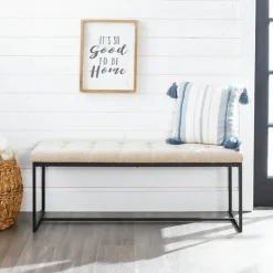 Benches & Ottomans-Kirkland's Home Linen Tufted Bench With Metal Base Tan