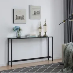 Console Tables-Kirkland's Home Long Metal Mirrored Top Console Table Black
