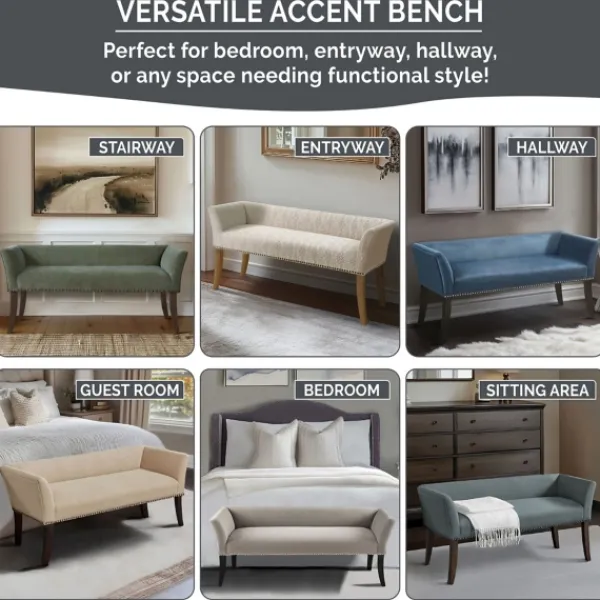 Benches & Ottomans-Kirkland's Home Low Back Flared Nailhead Trim Bench Blue