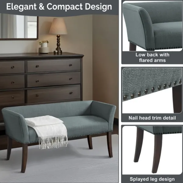Benches & Ottomans-Kirkland's Home Low Back Flared Nailhead Trim Bench Blue