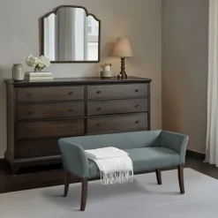 Benches & Ottomans-Kirkland's Home Low Back Flared Nailhead Trim Bench Blue